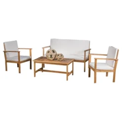 Luciano 4pc Acacia Wood Patio Chat Set With Cushions - Brown Patina - Christopher Knight Home