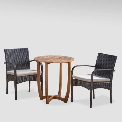 Lindy 3pc Acacia Wood And Wicker Bistro Set - Teak/Cream - Christopher Knight Home 3 Lindy 3pc Acacia Wood And Wicker Bistro Set - Teak/Cream - Christopher Knight Home