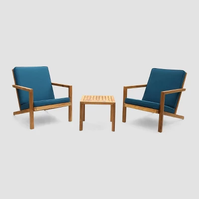 Leah 3pc Acacia Wood Chat Set - Brown/Dark Teal - Christopher Knight Home 3 Leah 3pc Acacia Wood Chat Set - Brown/Dark Teal - Christopher Knight Home