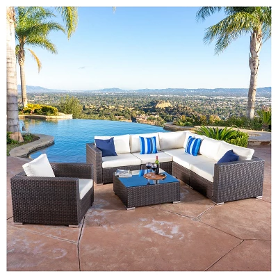 Santa Rosa 7pc Wicker Patio Seating Sectional Set With Cushions - Multi Brown With Beige Cushions - Christopher Knight Home 4 Santa Rosa 7pc Wicker Patio Seating Sectional Set With Cushions - Multi Brown With Beige Cushions - Christopher Knight Home - Image 2