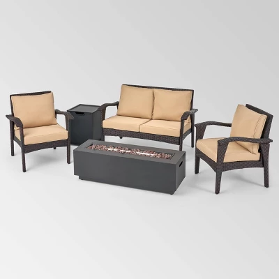 Kahala 5pc Wicker Chat Set With Fire Table - Christopher Knight Home 3 Kahala 5pc Wicker Chat Set With Fire Table - Christopher Knight Home