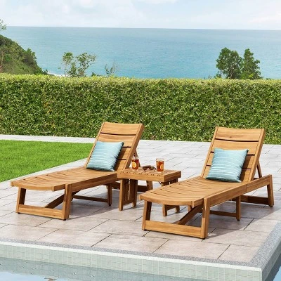 Kyoto 3pc Outdoor Acacia Wood Chaise Lounge Set - Teak/Yellow - Christopher Knight Home 3 Kyoto 3pc Outdoor Acacia Wood Chaise Lounge Set - Teak/Yellow - Christopher Knight Home