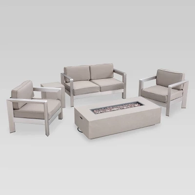 Aviara 5pc Aluminum Chat Set With Fire Pit - Silver/Khaki And Light Gray - Christopher Knight Home 3 Aviara 5pc Aluminum Chat Set With Fire Pit - Silver/Khaki And Light Gray - Christopher Knight Home