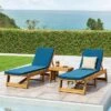 Kyoto 3pc Outdoor Acacia Wood Chaise Lounge Set With Cushions - Teak/Blue - Christopher Knight Home
