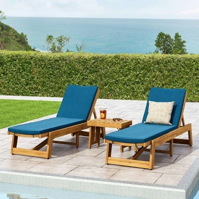 Kyoto 3pc Outdoor Acacia Wood Chaise Lounge Set With Cushions - Teak/Blue - Christopher Knight Home 3 Kyoto 3pc Outdoor Acacia Wood Chaise Lounge Set With Cushions - Teak/Blue - Christopher Knight Home