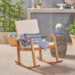 Candel Acacia Wood Rocking Patio Chair Teak / Cream - Christopher Knight Home