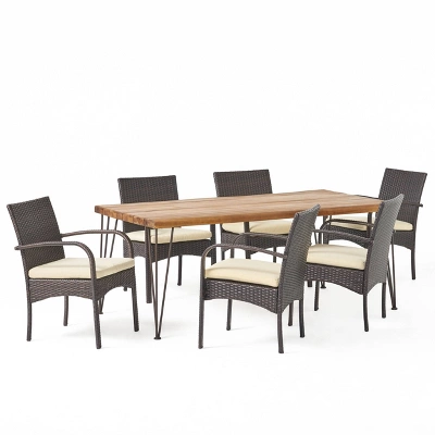 Clayton 7pc Acacia Wood & Iron Dining Set - Teak/Brown/Cream - Christopher Knight Home 3 Clayton 7pc Acacia Wood & Iron Dining Set - Teak/Brown/Cream - Christopher Knight Home