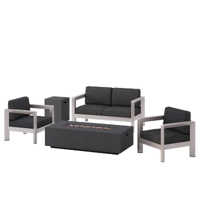 Pismo 5pc Aluminum Chat Set With Fire Pit - Silver/Dark Gray - Christopher Knight Home 4 Pismo 5pc Aluminum Chat Set With Fire Pit - Silver/Dark Gray - Christopher Knight Home - Image 2