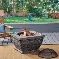 Mia Outdoor Wood Burning Lightweight Concrete Square Fire Pit - Gray - Christopher Knight Home