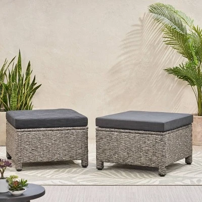 Puerta 2pk Outdoor Wicker Ottomans With Cushions - Black/Dark Gray - Christopher Knight Home 3 Puerta 2pk Outdoor Wicker Ottomans With Cushions - Black/Dark Gray - Christopher Knight Home