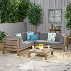 Oana 4pc Acacia Wood Patio Sectional Chat Set W/ Cushions - Christopher Knight Home -Outdoor Furniture Store GUEST 52f90f5f a2d5 4a8f 8802 7ae1336b46d2