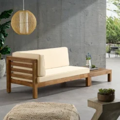 2pk Oana Outdoor Acacia Wood Left Arm Loveseat & Coffee Table With Cushion Teak/Beige - Christopher Knight Home -Outdoor Furniture Store GUEST 599181d3 71c6 408a 894e f6a0c20ed1f9