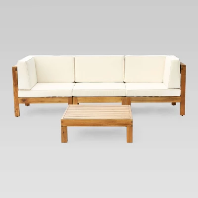 Brava 4pc Acacia Modular Sofa And Table Set - Teak/Beige - Christopher Knight Home 3 Brava 4pc Acacia Modular Sofa And Table Set - Teak/Beige - Christopher Knight Home