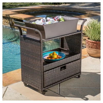 Ravenna Wicker Patio Bar Cart With Ice Bin - Brown - Christopher Knight Home 3 Ravenna Wicker Patio Bar Cart With Ice Bin - Brown - Christopher Knight Home