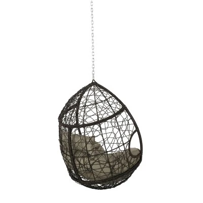 Castaic Indoor/Outdoor Wicker Hanging Chair With 8' Chain - Brown/Khaki - Christopher Knight Home 4 Castaic Indoor/Outdoor Wicker Hanging Chair With 8' Chain - Brown/Khaki - Christopher Knight Home - Image 2