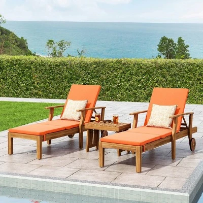 Perla 3pc Outdoor Acacia Wood Chaise Lounge Set With Cushions - Teak/Orange - Christopher Knight Home 3 Perla 3pc Outdoor Acacia Wood Chaise Lounge Set With Cushions - Teak/Orange - Christopher Knight Home