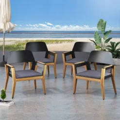 Soho 4pk Outdoor Acacia Wood Club Chairs With Cushions - Teak/Black/Dark Gray - Christopher Knight Home