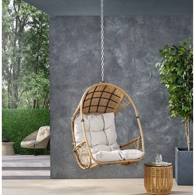 Greystone Indoor/Outdoor Wicker Hanging Chair With 8' Chain - Light Brown/Beige - Christopher Knight Home -Outdoor Furniture Store GUEST 7196deca e332 42e2 b9b7 2bd2a2630b9c