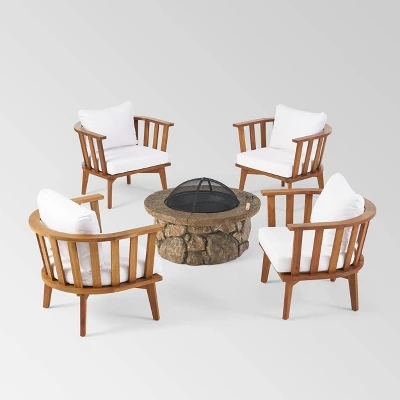 Clarendon 5pc Acacia Wood Club Chairs And Fire Pit Set - Teak/White/Natural Stone - Christopher Knight Home 3 Clarendon 5pc Acacia Wood Club Chairs And Fire Pit Set - Teak/White/Natural Stone - Christopher Knight Home