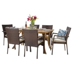 Corleone 7pc Wood And Wicker Dining Set - Brown -Christopher Knight Home