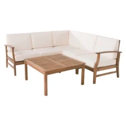 Perla 6pc Acacia Wood Patio Chat Set W/ Water Resistant Cushions - Cream - Christopher Knight Home