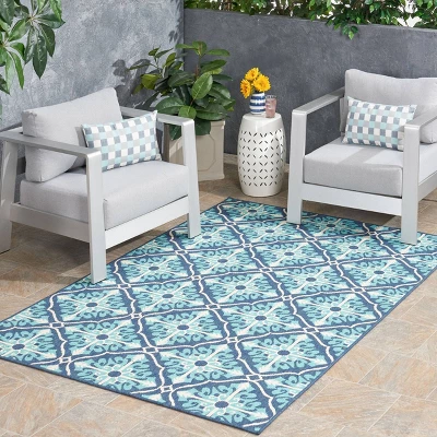5'3" X 7' Morocco Trellis Outdoor Rug Ivory/Blue - Christopher Knight Home 4 5'3" X 7' Morocco Trellis Outdoor Rug Ivory/Blue - Christopher Knight Home - Image 2