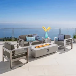 Cape Coral 5pc Aluminum And MGO Seating Set With Fire Table Khaki/Light Gray - Christopher Knight Home