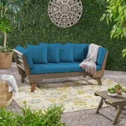 Ottavio Outdoor Acacia Wood Expandable Daybed With Cushions - Dark Teal/Gray - Christopher Knight Home