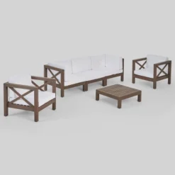 Brava 6pc Acacia Wood Sofa Chat Set - Gray/White - Christopher Knight Home