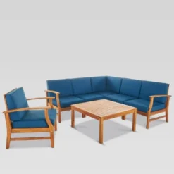Perla 7pc Acacia Wood Seating Set - Teak/Blue - Christopher Knight Home