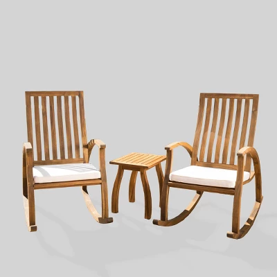 Cayo 3pc Acacia Wood Outdoor Patio Rocking Chair Chat Set - Natural/Cream - Christopher Knight Home 3 Cayo 3pc Acacia Wood Outdoor Patio Rocking Chair Chat Set - Natural/Cream - Christopher Knight Home