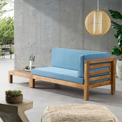 2pk Oana Outdoor Acacia Wood Right Arm Loveseat & Coffee Table With Cushion Teak/Blue - Christopher Knight Home 5 2pk Oana Outdoor Acacia Wood Right Arm Loveseat & Coffee Table With Cushion Teak/Blue - Christopher Knight Home - Image 3