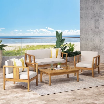 Nicholson Outdoor 4 Seater Acacia Wood Chat Set - Teak/Beige - Christopher Knight Home 3 Nicholson Outdoor 4 Seater Acacia Wood Chat Set - Teak/Beige - Christopher Knight Home