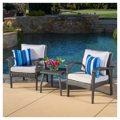Honolulu 3pc Wicker Patio Chat Set With Cushions - Gray - Christopher Knight Home 4 Honolulu 3pc Wicker Patio Chat Set With Cushions - Gray - Christopher Knight Home - Image 2