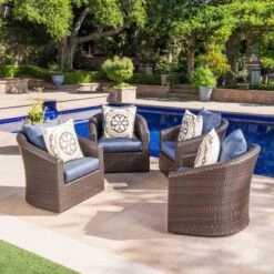 Darius 4pk Wicker Swivel Club Chairs - Brown/Navy Blue - Christopher Knight Home -Outdoor Furniture Store GUEST 8d36e5d9 d2c6 49d6 bea2 08a11faf1395