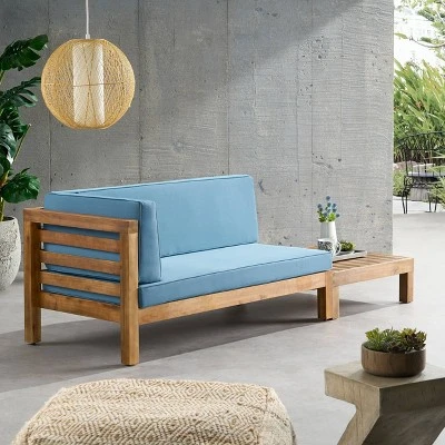 2pk Oana Outdoor Acacia Wood Left Arm Loveseat & Coffee Table With Cushion Teak/Blue - Christopher Knight Home 5 2pk Oana Outdoor Acacia Wood Left Arm Loveseat & Coffee Table With Cushion Teak/Blue - Christopher Knight Home - Image 3