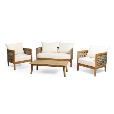 Burchett Outdoor Acacia Wood 4 Seater Chat Set With Cushions - Teak/Brown/Beige - Christopher Knight Home 3 Burchett Outdoor Acacia Wood 4 Seater Chat Set With Cushions - Teak/Brown/Beige - Christopher Knight Home