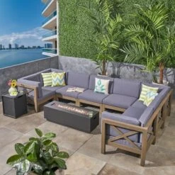 Thasos 10pc Acacia U-Shaped Farmhouse Sectional Sofa Set With Fire Pit - Gray - Christopher Knight Home -Outdoor Furniture Store GUEST 946ae1e4 be2d 4ee6 996d e52f97d86b38