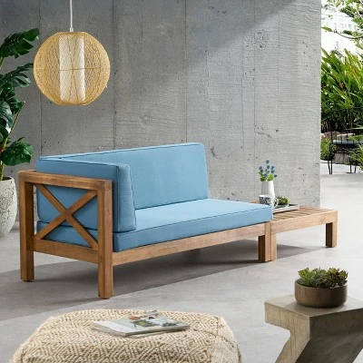 2pc Brava Outdoor Acacia Wood Left Arm Loveseat & Coffee Table With Cushion Teak/Blue - Christopher Knight Home 6 2pc Brava Outdoor Acacia Wood Left Arm Loveseat & Coffee Table With Cushion Teak/Blue - Christopher Knight Home - Image 4
