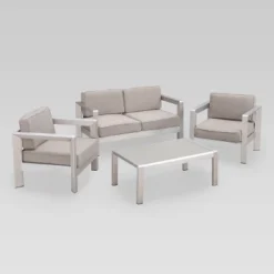 Aviara 4pc Aluminum Chat Set - Silver/Khaki - Christopher Knight Home