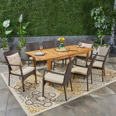 Davenport 9pc Wood & Wicker Expandable Dining Set - Natural/Brown/Cream - Christopher Knight Home 3 Davenport 9pc Wood & Wicker Expandable Dining Set - Natural/Brown/Cream - Christopher Knight Home