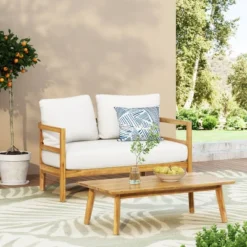 2pc Ellendale Outdoor Acacia Wood Loveseat & Coffee Table Teak/White - Christopher Knight Home -Outdoor Furniture Store GUEST 9ddc2f44 7148 4835 9506 0e11e536546a