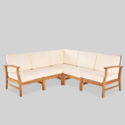 Perla 5pc Patio Sectional Sofa - Teak/Cream - Christopher Knight Home
