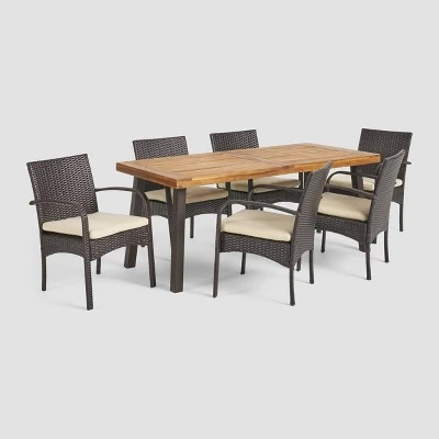 Bavaro 7pc Rectangle All-Weather Wicker And Wood Patio Dining Set - Brown/Cream - Christopher Knight Home 3 Bavaro 7pc Rectangle All-Weather Wicker And Wood Patio Dining Set - Brown/Cream - Christopher Knight Home