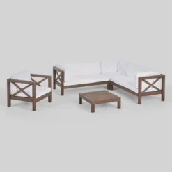 Brava 5pc Acacia Wood Sectional Sofa & Club Chair Set - Gray/White - Christopher Knight Home