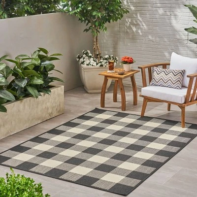 Crossroads Check Outdoor Rug Black/Ivory - Christopher Knight Home 4 Crossroads Check Outdoor Rug Black/Ivory - Christopher Knight Home - Image 2