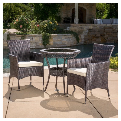 Parker 3-Piece Wicker Patio Bistro Seating Set With Cushions - Brown - Christopher Knight Home 4 Parker 3-Piece Wicker Patio Bistro Seating Set With Cushions - Brown - Christopher Knight Home - Image 2