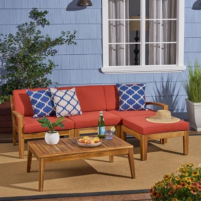 Grenada 5pc Acacia Sectional Sofa Set - Teak/Red - Christopher Knight Home 3 Grenada 5pc Acacia Sectional Sofa Set - Teak/Red - Christopher Knight Home