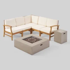 Illona 7pc Acacia Wood V-Shaped Sofa & Square Fire Table Set Teak/Crme/Light Gray- Christopher Knight Home