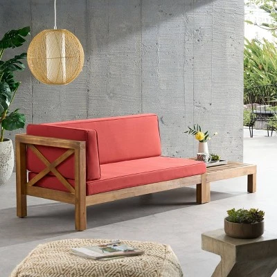 2pc Brava Outdoor Acacia Wood Left Arm Loveseat & Coffee Table With Cushion Teak/Red - Christopher Knight Home 6 2pc Brava Outdoor Acacia Wood Left Arm Loveseat & Coffee Table With Cushion Teak/Red - Christopher Knight Home - Image 4